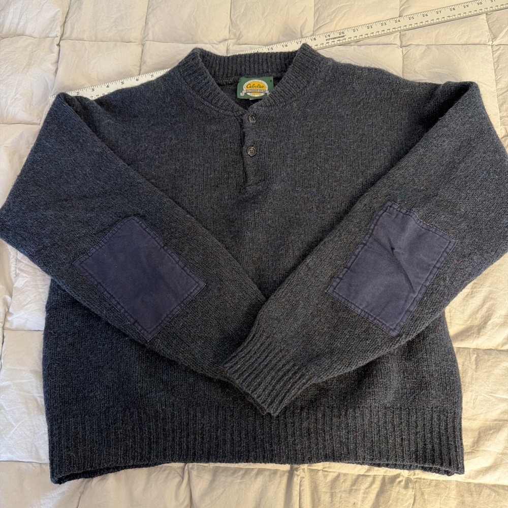 Vintage Cabela's Sweater Mens Med Blue Windshear Henley Elbow Patches‎ Wool